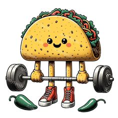 a cartoon character holding a barbell with a taco on it's back