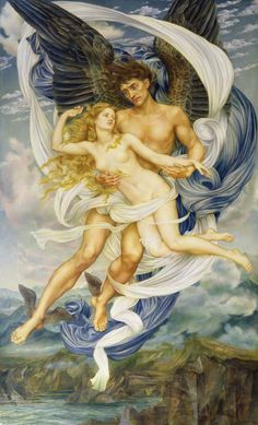 the painting depicts two angels embracing each other