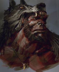 an artistic painting of a wolf with fangs on his face