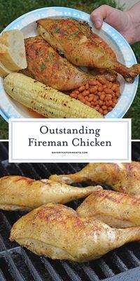 an outdoor grill with chicken, beans and corn on the cob next to a person holding a plate