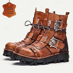 Men's Gothic Steampunk Skull Buckle Combat Boots with Rugged Sole - Vintage Brown Leather Lace-Up Ankle Boots for Bikers and Cosplay 2024 - $149.98 Steampunk Skull, Men’s Boots, Gothic Steampunk, Biker Boots, Lace Up Ankle Boots, Vintage Casual, Leather Lace, Lace Boots, Vintage Brown