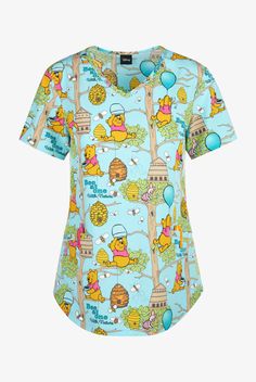 Tooniforms Disney s Winnie The Pooh Bee At One Women s 2-Pocket STRETCH V-Neck Print Scrub Top • Contemporary fit • V-neck • 2 front patch welt pockets • Short sleeve • Shirttail hem • Winnie the Pooh along with his pal piglet always searching for honey on a light teal background of trees, balloons, bees, and hives • Approximate length for size M is 27 3 4 • Manufacturer style TF737-PHBN Made with a sustainable poly-spandex blend, our Tooniforms scrubs are the perfect silky and stretchy backgrou Winnie The Pooh Bee, Disney Scrubs, Uniform Advantage, Easy Stretches, Teal Background, Scrubs Nursing, Disney S, Light Teal, Disney Winnie The Pooh