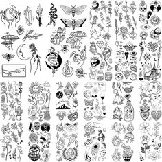 an assortment of tattoo designs and tattoos on a white background, all in black and white