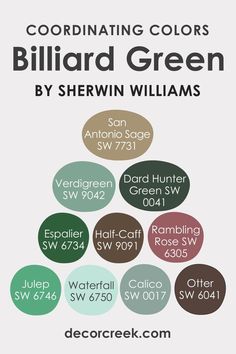 Billiard Green SW 0016 Coordinating Colors by Sherwin-Williams Verdigreen Sherwin Williams, Hunter Green Complementary Colors, Sw Calico, Sw Billiard Green, Sw Rookwood Dark Green, Dard Hunter Green, Billiard Room Ideas Interior Design, Billiard Green, Gothic Victorian House