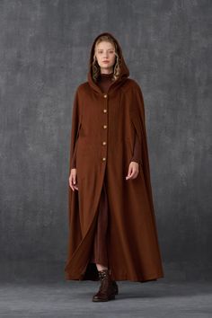 Hooded Wool Cloak Coat Maxi Hooded Wool Coat Cloak Medieval - Etsy Oversized Solid Color Cape, Brown Winter Cape, Long Wool Cape For Fall, Wool Long Coat Cape For Fall, Fall Wool Long Cape Coat, Wool Cape For Fall, Cloak Medieval, Wool Cloak, Medieval Cloak