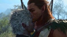 an image of a man and woman kissing in the middle of a video game scene