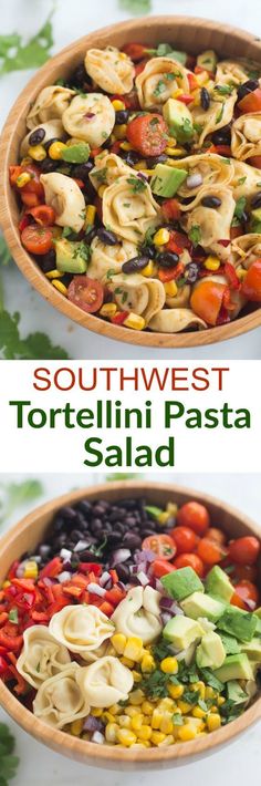 two bowls filled with tortellini pasta salad and the words southwest tortellini pasta salad