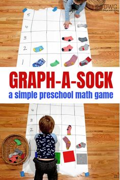 a child is playing with a game on the floor and it's title reads, graph - a - sock a simple preschool math game