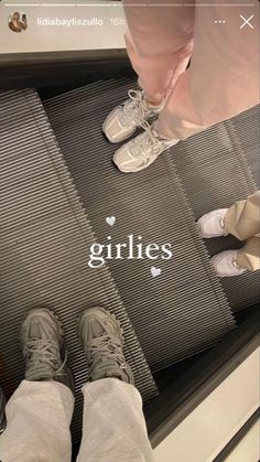 two people standing on an escalator with the words grilles written in white