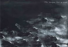 an abstract black and white painting with clouds in the sky, on a dark background