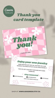 a pink and white thank card with flowers on it