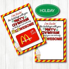 two holiday cards with the words merry christmas and mcdonald's on them, next to each other