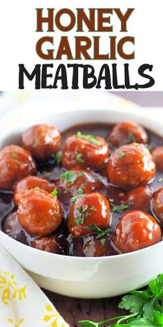 honey garlic meatballs in a white bowl with sauce and parsley on the side