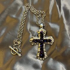 No Brand Purple Cross Necklace Purple Rhinestones & Silver Looks Brand New | No Tag| Silver Sparkling Rhinestone Necklace For Gift, Silver Cross Jewelry With Rhinestones, Silver Cross Pendant Jewelry For Party, Silver Cross Jewelry For Party, Silver Rhinestone Costume Necklace For Gift, Silver Cross Jewelry With Bling, Purple Cross, Necklace Purple, Purple Rhinestone