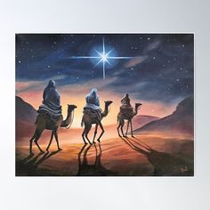 three wise men riding camels with the star of david in the sky above them poster