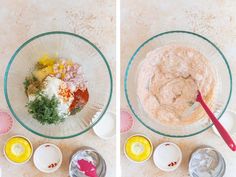 two pictures showing the mixing process for making an appetizer with ingredients in bowls