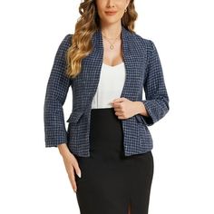 Allegra k Plaid Tweed Blazer for Women's Long Sleeve Open Front Work Office Jackets Long Sleeve Collarless Open Front Two Flap Pockets Fully Lined Soft Plaid Tweed Regular Fit A single front button design, two functional flap pockets create a chic feel to this casual outwear. Classic plaid pattern with full line design, breathable and comfortable, perfectly hug your chest and waist. Pair the elegant plaid jacket with any basic tops, jeans and_ heels for a fashion urban look. Measurement (in inch Office Tweed Blazer With Pockets, Fitted Long Sleeve Tweed Jacket For Career, Office Tweed Outerwear With Pockets, Plaid Tweed Jacket With Button Closure For Work, Classic Plaid Tweed Jacket With Hidden Button Closure, Plaid Single-breasted Tweed Jacket For Office, Plaid Tweed Blazer With Button Closure, Tailored Single-breasted Plaid Tweed Jacket, Work Sweaters