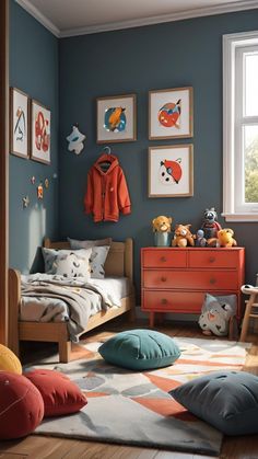 a child's bedroom with blue walls and orange accents