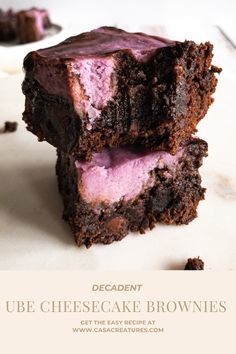 two chocolate brownies with pink ice cream in the middle are stacked on top of each other