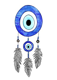 a drawing of an evil eye with feathers