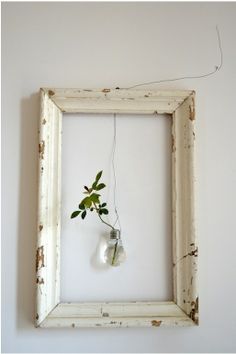 a white frame with a plant in it hanging on the wall next to a light bulb