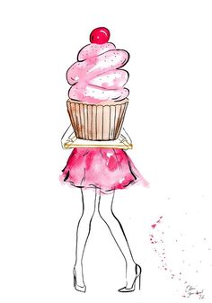 a drawing of a woman with a cupcake on her head, wearing a pink dress