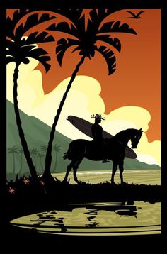 a man riding on the back of a horse next to palm trees in front of a sunset