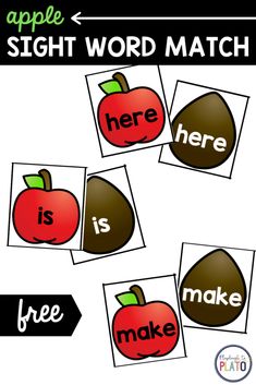 an apple sight word match is shown with the words here and there are four pictures