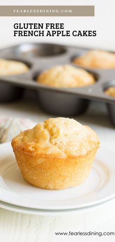 a muffin on a plate with the words gluten free french apple cakes