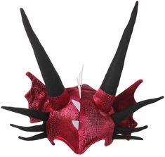 a red and black headpiece with horns on it