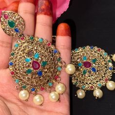 Multicolored Polki Earrings. It’s Good For Wedding, Bridal, Any Other Occasion. Stones Are Shiny. Super Cute. Never Got Chance To Wear It Polki Earrings, Indo Western, Purple Gold, Salwar Kameez, Western Fashion, Wedding Bridal, Wear It, Jewelry Earrings, Super Cute