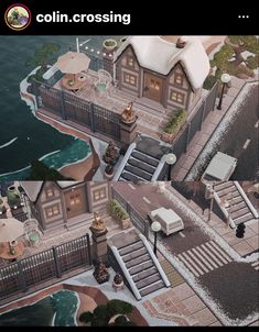 this is an aerial view of a house on the water's edge with steps leading up to it