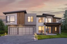 this is an artist's rendering of a two story house with garages and lots of windows