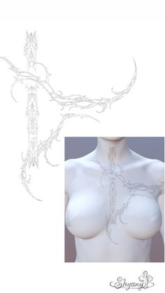 a drawing of a woman's breast with tattoos on it