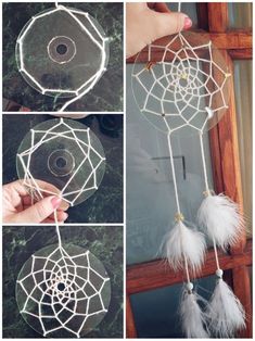 the instructions for how to make a dream catcher with white yarn and feathers on it