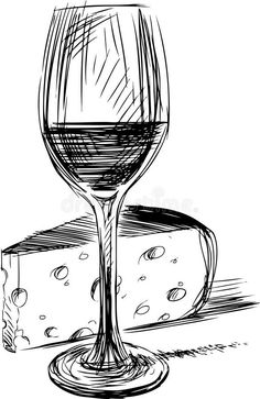 a glass of wine next to a piece of cheese on a white background stock illustration