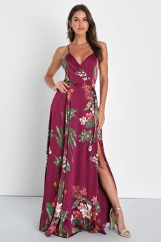 Burgundy Floral Dress - Floral Print Dress - Surplice Maxi Dress - Lulus