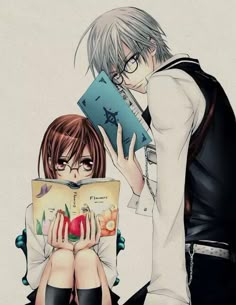 two anime characters are sitting on the floor reading books and one is holding an open book