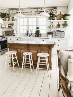 a kitchen with two stools in front of an island