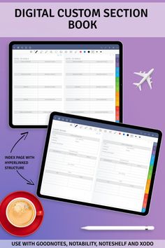 an ipad and tablet sitting next to each other with the text, digital custom section book