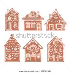 a set of ginger colored houses with windows and hearts on the roof, isolated from white background