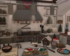 the kitchen is decorated for christmas with cookies