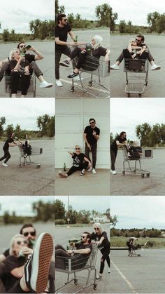 four different shots of people sitting in shopping carts