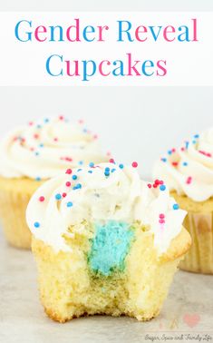 cupcakes with white frosting and blue sprinkles on the top