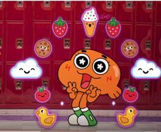 an orange cartoon character standing in front of a red wall with lots of different faces