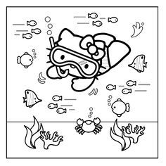 a cartoon character swimming in the ocean surrounded by fish and other marine life coloring pages