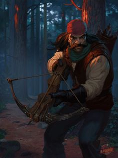 a painting of a man with a bow in the woods