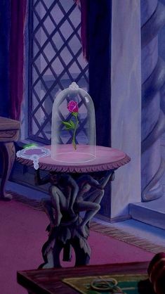 a painting of a table with a flower on it