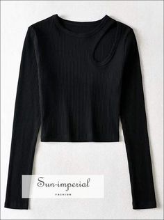 Women Solid Black Long Sleeve Ribbed Crop top with Cut out detail Cropped T-shirt basic style Imperial Fashion, Jersey Pattern, Ribbed Crop Top, Cropped T Shirt, Solid Clothes, Crop Tshirt, White Long Sleeve, Full Sleeve, 16 9