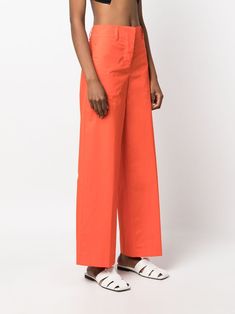 high-waisted cotton trousers from Erika Cavallini featuring orange, stretch-cotton, high waist, belt loops, wide leg, concealed front fastening, two side slash pockets and two rear patch pockets.This piece fits true to size. We recommend you get your regular sizeModel is 1,75m / 5ft 8in wearing size 40 (IT) Orange Ankle-length Work Pants, Orange Ankle-length Pants For Work, Cotton Wide Leg Trousers With Belt Loops, Modern High Waist Cotton Wide Leg Pants, Modern High Waist Wide Leg Cotton Pants, Modern Wide Leg Cotton Pants With Belt Loops, Modern Cotton Wide Leg Pants With Belt Loops, Orange High-waisted Workwear Pants, Orange High-waisted Pants For Work